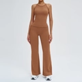 Ensemble de yoga marron deux pièces avec haut dos nu et legging évasé taille haute - S / Café (Col Rond)