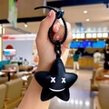 Cute black leather star keychain with smiley face pattern and beaded wrist strap - Black-Star