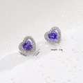 Elegant heart-shaped stud earrings with purple zircon stone and crystal pavé details - Stud Earrings / Purple