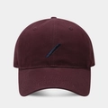 Close-up of wine red twill cotton baseball cap featuring minimalist blue stripe embroidery - Adjustable / Fuschia