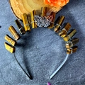 Detailed view of tiger eye stones and silver butterfly on a handmade crystal bridal tiara - Tiger Eye Silver Wire Silver Headband With Butterfly