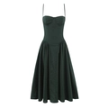 Elegante donkergroene midi-jurk met spaghettibandjes, korset taille en wijde uitlopende rok - S / Donkergroen