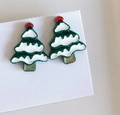 Cute green Christmas tree clip-on earrings for kids with festive white snow and red ball - 30# Snowy Xmas Tree / Clip-on Earrings Pair