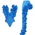 Detail of electric blue tiered ruffles and deep V-neckline on glossy satin swimwear - Blue Set
