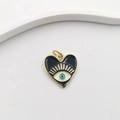 Golden heart pendant with black enamel and blue evil eye detail on white background - Enamel Heart Evil Eye XJ0084