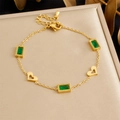 Gold-plated chain bracelet with emerald green crystals and hollow heart-shaped charms - Emerald Rectangular Stone Hollow Heart Style (B1777)