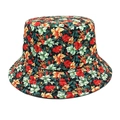 Detailopname van het bloemenpatroon op de bucket hat met canvas textuur details - M (56-58cm) / Zwart Met Veelkleurige Bloemen (3#)
