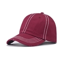 Detail of burgundy washed cotton baseball cap with white contrast stitching and distressed brim - Adjustable / Burgundy