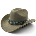 Chapeau de cowboy western en daim vert foncé avec bandeau en cuir à motifs et boucle papillon argentée - M (56-58cm) / Vert Militaire
