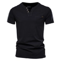 Men's black cotton Henley T-shirt with short sleeves and a single chest pocket - Black