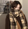 Brown and beige plaid mohair scarf with heart patterns and tassels for women - Small Heart Scarf - Khaki