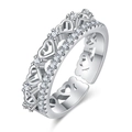 Silver open ring with hollow heart patterns and rows of sparkling crystals - Hollow Heart Crown / Platinum Color-J188