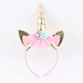 Glittery gold unicorn headband with sequins and colorful fabric flowers for party costumes - One Size / Gold Unicorn Headband