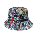 Detail of vibrant graffiti bucket hat featuring colorful monster prints and urban text - 58cm / Style M-Colorful NoPain Graffiti