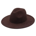 Classic dark brown wide brim fedora hat in faux suede for a stylish western jazz look - Coffee