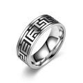 Detailed view of silver titanium steel ring featuring black Greek meander pattern engraving - US 7 / Greek Key Pattern (Silver Black)
