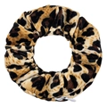 Detail of leopard print velvet scrunchie with a hidden zipper pocket for storage - Medium Leopard