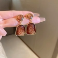 Maillard brown vintage heart earrings with golden metal frame and resin stone - 4# Silver Post - Dark Coffee