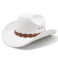 Classic white wool cowboy hat with brown braided leather band and metal vents - M (56-58cm) / White