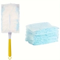 Electrostatic dust wand set with long yellow handle and blue fiber refill duster heads - Green-White 10Pcs + Yellow Short Handle