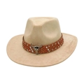 Classic sand brown suede western cowboy hat with woven band and metal bull skull ornament - One Size(Adjustable) / Beige