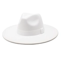Classic white wool wide brim fedora hat with elegant ribbon trim for women and men - M (56-58cm) / White