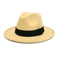 Classic beige felt fedora hat with black grosgrain ribbon for men and women - M (56-58cm) / Beige