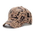 Close-up of khaki baseball cap featuring black vintage newspaper and alphabet digital print - One Size(Adjustable 56-60cm) / Khaki