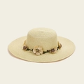 Vista dall'alto dettagliata di un cappello di paglia a tesa larga con decori floreali - Taglia unica / Beige