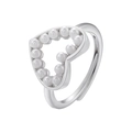 Detailed view of silver open ring with hollow heart design and faux pearl inlays - Platinum Hollow Pearl Heart / White Gold