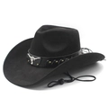 Classic black suede western cowboy hat featuring silver bull head emblem and chin strap - M (56-58cm) / Black
