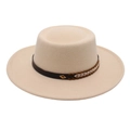Detail of beige felt fedora featuring leather band with ethnic weaving and metal buckle - Off White