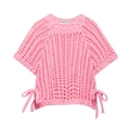 Detailed view of pink short sleeve hollow knit top with side ribbon bow ties and V-weave pattern - S / Pink