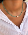 Minimalist turquoise beaded necklace with white pearl accent and golden bead details - Turquoise Blue