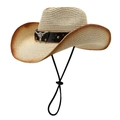 Western strooien cowboyhoed met metalen stierenkop en verstelbaar kinbandje - Eén maat / Stierkop Zwart Decor Licht Khaki