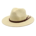 Chapeau Panama classique en paille beige clair avec ruban en cuir marron et bord souple - M (56-58cm) / Beige