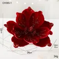 24cm Red flocked artificial Christmas flower with gold glitter and 15cm stem - Red