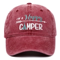 Gorra de béisbol roja lavada vintage con bordado Happy Camper e icono de tienda - Ajustable / Burdeos