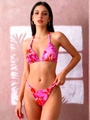 Detalle del bikini floral rosa con diseño de cuello halter y estampados de flores tropicales - S / Flor Rosa