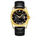 Luxury gold-tone watch with black leather strap and calendar display for men and women - Black Strap Gold Case Black Dial Men's