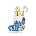 S925 silver Christmas charm with blue rhinestone sock and golden gingerbread man - Christmas Stocking