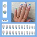 High-quality detailed view of 24pcs blue and green French-tip ballerina press-on nails - Two-Tone French Style (W180)