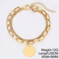 Gold double-layered stainless steel bracelet with oval link chain and round disc charm - Gold Double Layer Design Bracelet With Polished Round Tag / Gold (KB180595-Z)