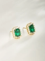 Detail of square emerald halo earrings in gold finish with small round clear zircons - Stud Earrings / 24K Gold Plated Emerald Green