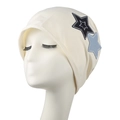 Cream slouchy beanie with double star embroidery patches shown on a white mannequin head - Adult / Off White