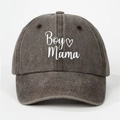 Detailed close-up of white Boy Mama embroidery on charcoal grey washed baseball cap - One Size / Coffee