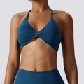 Peacock blue halter yoga bra with front twist detail and high-stretch fabric finish - Deep Sea Blue