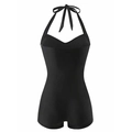 Classic black halter neck one-piece swimsuit with heart-shaped neckline and boy-short bottom - S / Black