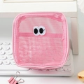 Close-up of pink mesh makeup bag with cute embroidered eyes on a desktop background - 13*7*13cm / Pink
