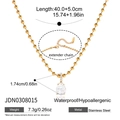 Detailed specs of stainless steel beaded chain with a pear-shaped crystal pendant - Bead Chain Teardrop Zirconia Style (JDN0308015) / Gold